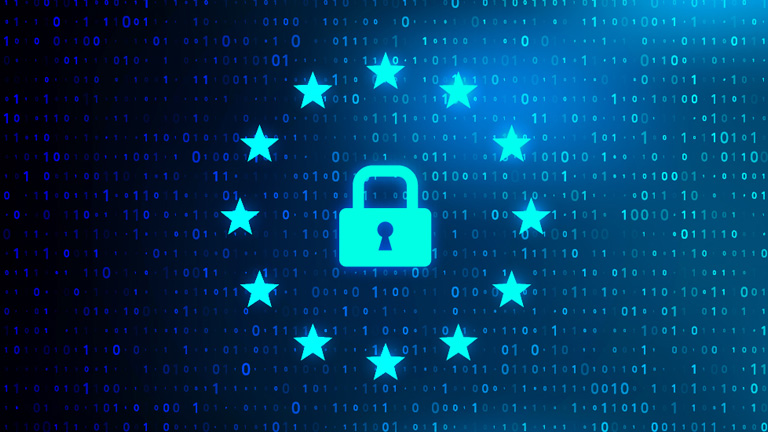 Blue background with code numbers, symbol of a lock surrounded by stars of European flag