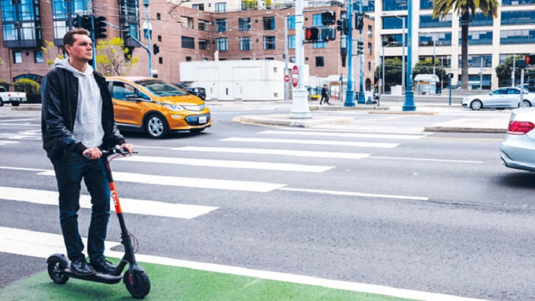 Illustration of a person using micromobility to get around 