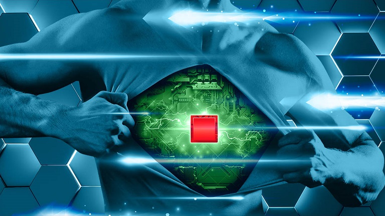 Illustration of a man showing digital, virtual world 