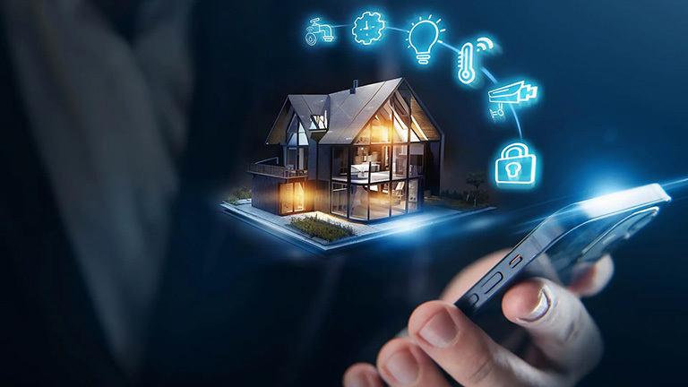 person holding smartphone with home in background