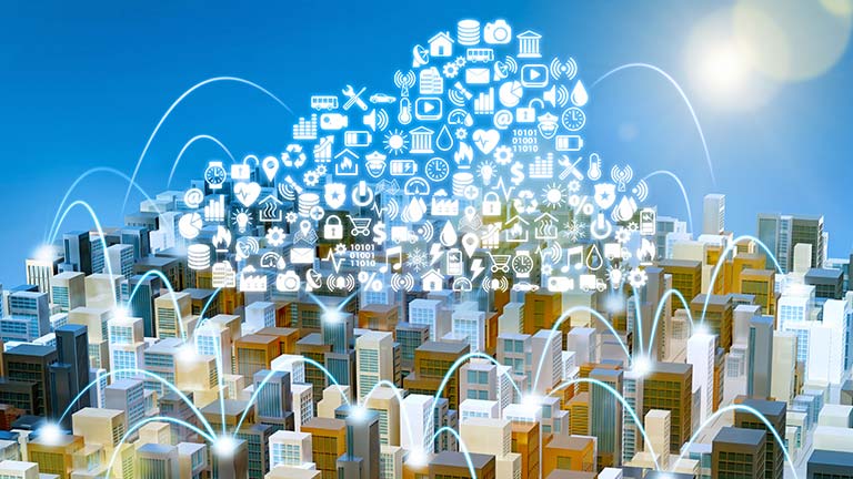 3D cityscape with IoT icons 