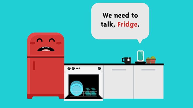 a fridge, diswasher, and smart phone on counter saying,