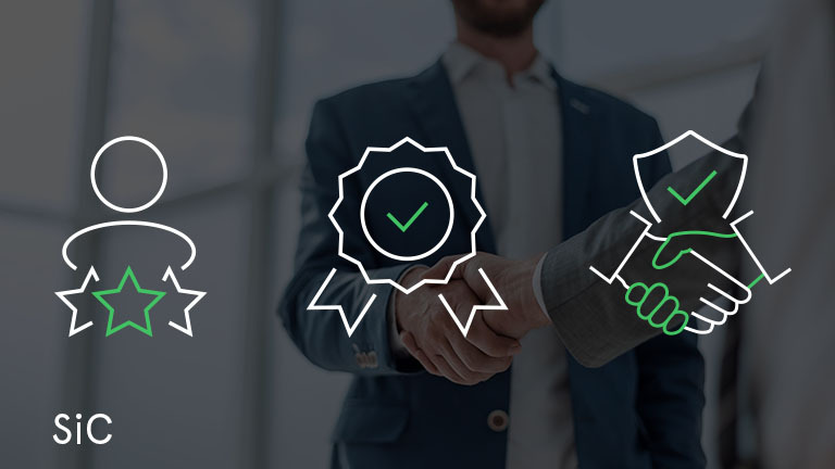 two buisiness people exchanging handshake with SiC icons overlayed