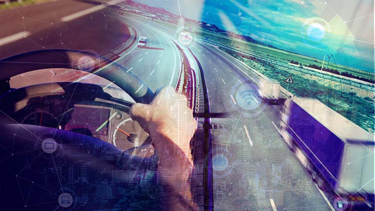 truck driver, highway and IoT icons