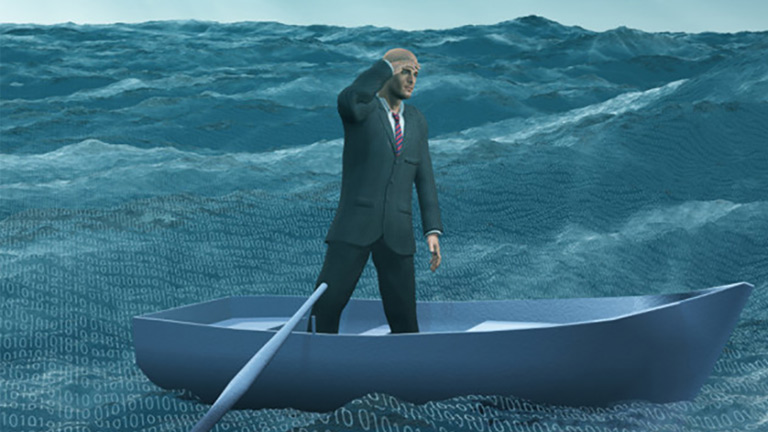 business man standing on small rowboat in the ocean