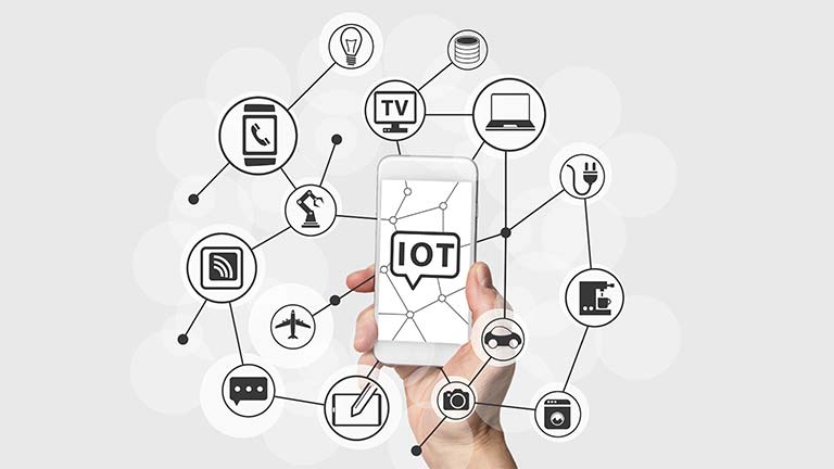 hand holding smart phone with IoT icons emanating from the phone