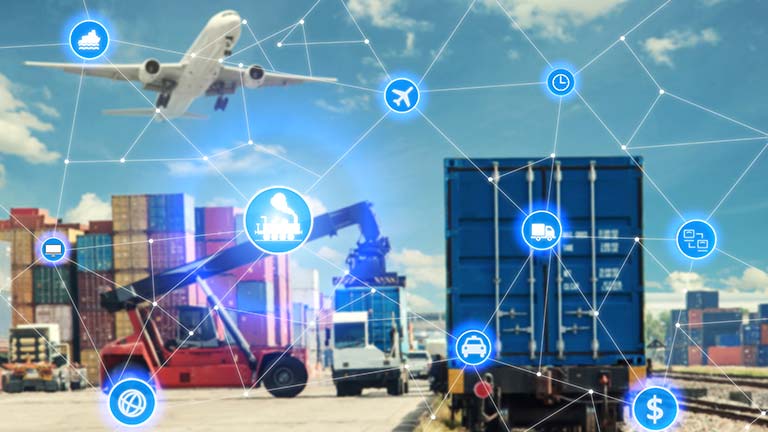 shiping yard vehicles, airplan with IoT icons overlay