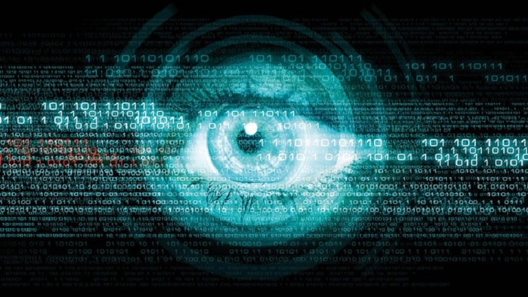 Human eye observing binary code