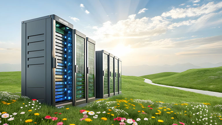 computer servers in a row standing in a green field surrounded by wild- lowers