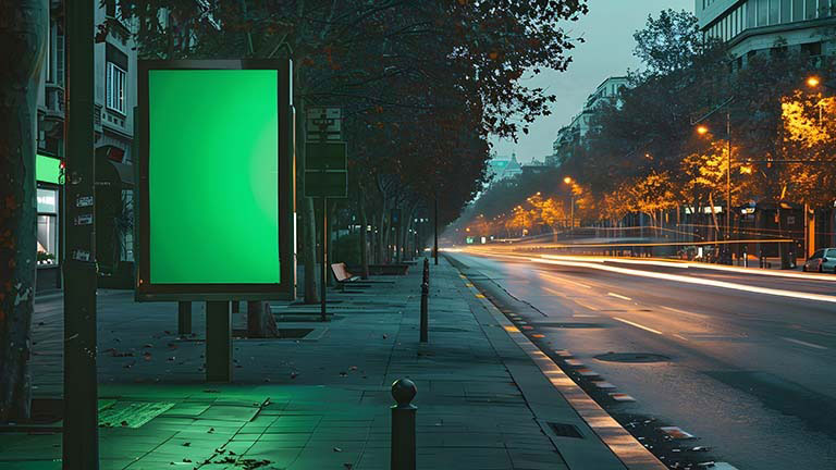 A row of digital signage on a pathway at night, with a person jogging in the distance.