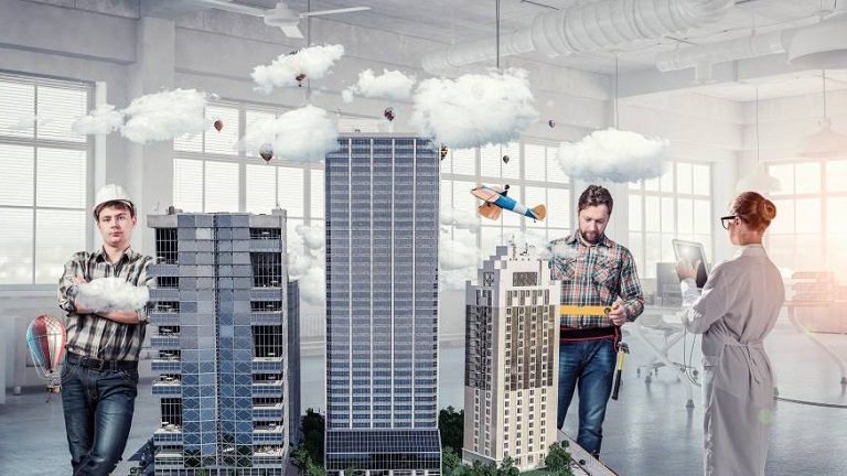 Illustration of people between the buildings 