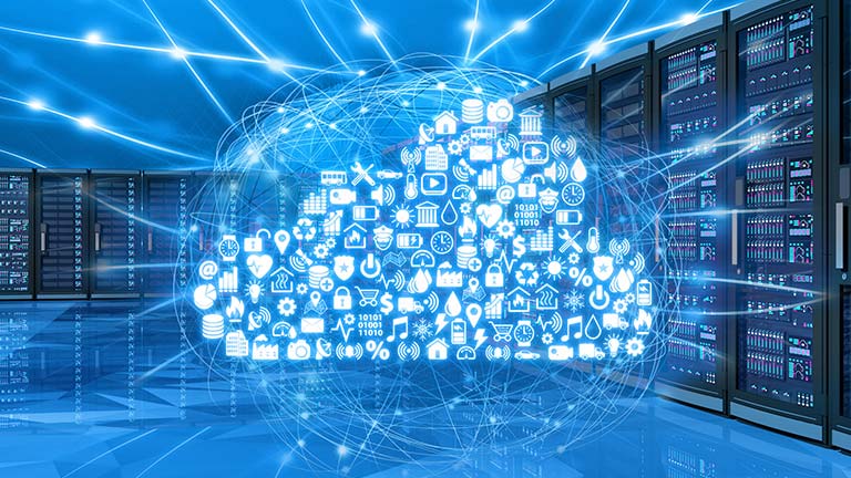 conceptual image of IoT icons forming a cloud shape in a cloud server room