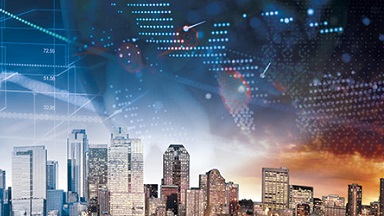 Illustration of a globe with glowing data over the city skyline