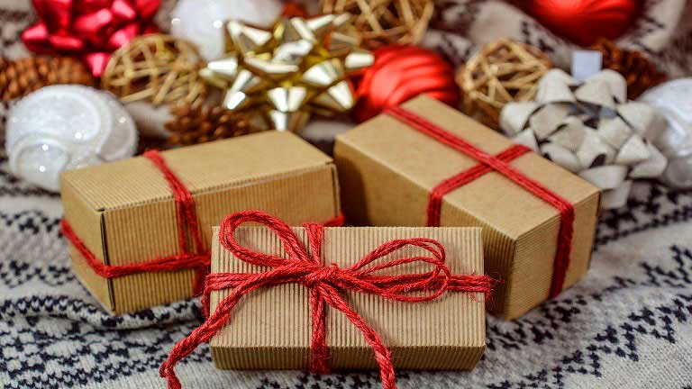 Christmas gifts tied with red bows