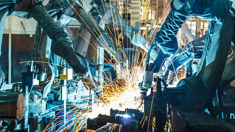 Robotic machinery in a factory