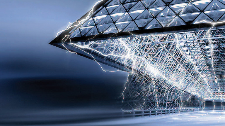 metal and glass building with electrical activity